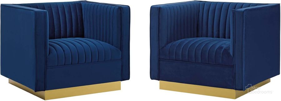The appearance of Sanguine Navy Vertical Channel Tufted Upholstered Performance Velvet Arm Chair Set of 2 designed by Modway in the modern / contemporary interior design. This navy piece of furniture  was selected by 1StopBedrooms from Sanguine Collection to add a touch of cosiness and style into your home. Sku: EEI-4145-NAV. Material: Wood. Product Type: Living Room Chair. Image1