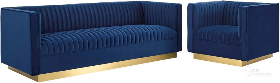 The appearance of Sanguine Navy Vertical Channel Tufted Upholstered Performance Velvet Sofa and Arm Chair Set designed by Modway in the modern / contemporary interior design. This navy piece of furniture  was selected by 1StopBedrooms from Sanguine Collection to add a touch of cosiness and style into your home. Sku: EEI-4143-NAV-SET. Material: Wood. Product Type: Living Room Chair. Image1