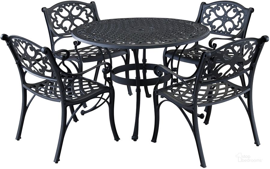 The appearance of Sanibel Black 5 Piece Outdoor Dining Set 6654-308 designed by Homestyles in the traditional interior design. This black piece of furniture  was selected by 1StopBedrooms from Sanibel Collection to add a touch of cosiness and style into your home. Sku: 6654-30;6654-80;6654-80. Table Base Style: Trestle. Table Top Shape: Round. Material: Aluminum. Product Type: Outdoor Dining Set. Image1
