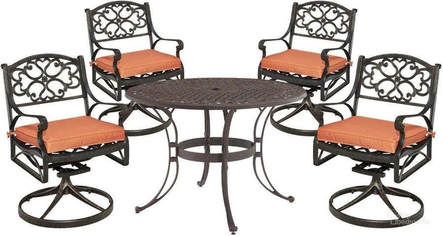 The appearance of Sanibel Bronze 5 Piece Outdoor Dining Set 6655-305C designed by Homestyles in the traditional interior design. This bronze piece of furniture  was selected by 1StopBedrooms from Sanibel Collection to add a touch of cosiness and style into your home. Sku: 6655-30;6654-CUS;6654-CUS;6654-CUS;6654-CUS;6655-53;6655-53;6655-53;6655-53. Table Base Style: Trestle. Table Top Shape: Round. Material: Aluminum. Product Type: Outdoor Dining Set. Image1