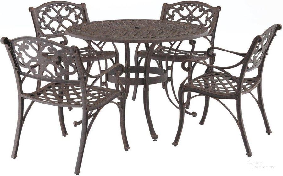 The appearance of Sanibel Bronze 5 Piece Outdoor Dining Set 6655-308 designed by Homestyles in the traditional interior design. This bronze piece of furniture  was selected by 1StopBedrooms from Sanibel Collection to add a touch of cosiness and style into your home. Sku: 6655-30;6655-80;6655-80. Table Base Style: Trestle. Table Top Shape: Round. Material: Aluminum. Product Type: Outdoor Dining Set. Image1