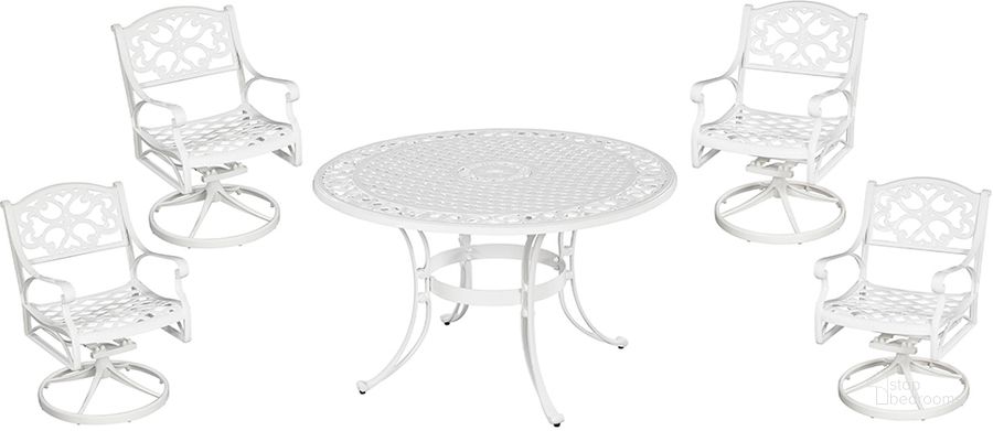 The appearance of Sanibel White 5 Piece Outdoor Dining Set 6652-325 designed by Homestyles in the traditional interior design. This white piece of furniture  was selected by 1StopBedrooms from Sanibel Collection to add a touch of cosiness and style into your home. Sku: 6652-32;6652-53;6652-53;6652-53;6652-53. Table Base Style: Trestle. Table Top Shape: Round. Material: Aluminum. Product Type: Outdoor Dining Set. Image1
