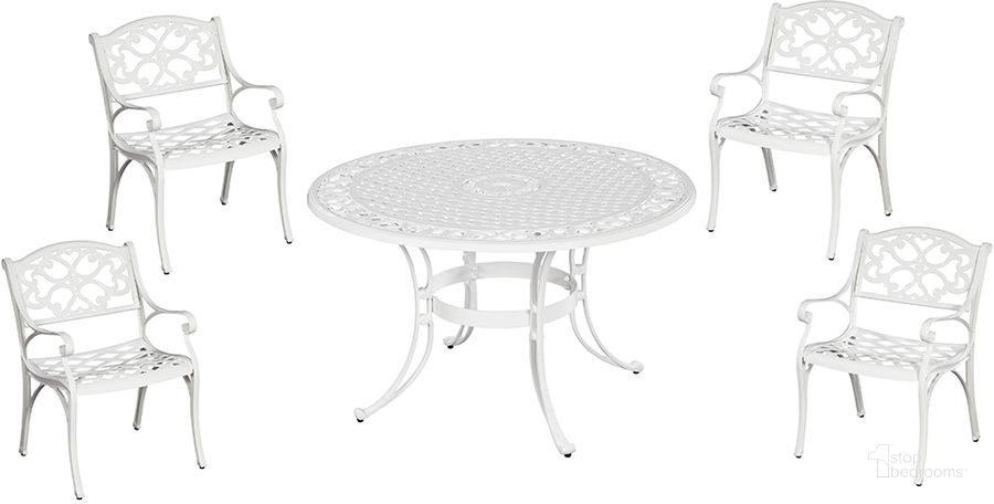 The appearance of Sanibel White 5 Piece Outdoor Dining Set 6652-328 designed by Homestyles in the traditional interior design. This white piece of furniture  was selected by 1StopBedrooms from Sanibel Collection to add a touch of cosiness and style into your home. Sku: 6652-32;6652-80;6652-80. Table Base Style: Trestle. Table Top Shape: Round. Material: Aluminum. Product Type: Outdoor Dining Set. Image1