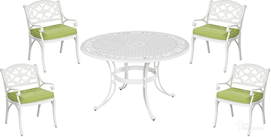 The appearance of Sanibel White 5 Piece Outdoor Dining Set 6652-328C designed by Homestyles in the traditional interior design. This white piece of furniture  was selected by 1StopBedrooms from Sanibel Collection to add a touch of cosiness and style into your home. Sku: 6652-32;6652-CUS;6652-CUS;6652-CUS;6652-CUS;6652-80;6652-80. Table Base Style: Trestle. Table Top Shape: Round. Material: Aluminum. Product Type: Outdoor Dining Set. Image1