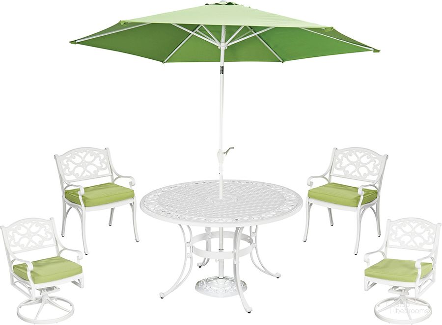 The appearance of Sanibel White 6 Piece Outdoor Dining Set 6652-32856C designed by Homestyles in the traditional interior design. This white piece of furniture  was selected by 1StopBedrooms from Sanibel Collection to add a touch of cosiness and style into your home. Sku: 6652-32;6652-80;5552-66;6652-CUS;6652-CUS;6652-CUS;6652-CUS;5552-67;6652-53;6652-53. Table Base Style: Trestle. Table Top Shape: Round. Material: Aluminum. Product Type: Outdoor Dining Set. Image1