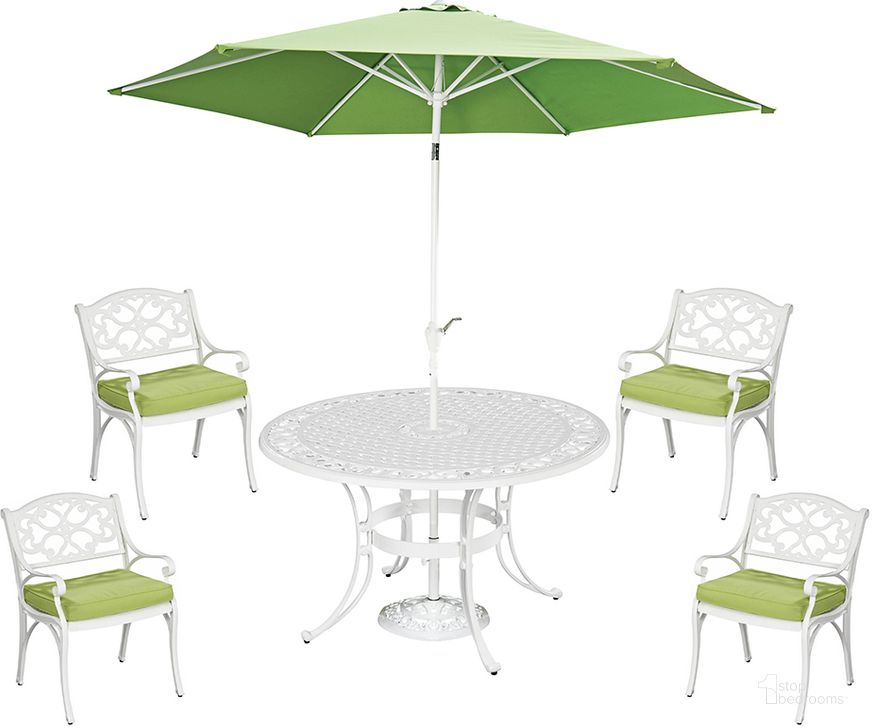 The appearance of Sanibel White 6 Piece Outdoor Dining Set 6652-3286C designed by Homestyles in the traditional interior design. This white piece of furniture  was selected by 1StopBedrooms from Sanibel Collection to add a touch of cosiness and style into your home. Sku: 6652-80;6652-80;5552-67;5552-66;6652-32;6652-CUS;6652-CUS;6652-CUS;6652-CUS. Table Base Style: Trestle. Table Top Shape: Round. Material: Aluminum. Product Type: Outdoor Dining Set. Image1