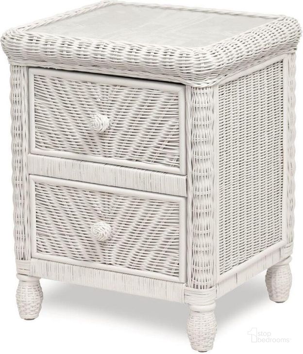The appearance of Santa Cruz 2 Drawer Nightstand With Glass Top In White designed by Sea Winds Trading in the transitional interior design. This white piece of furniture  was selected by 1StopBedrooms from Santa Cruz Collection to add a touch of cosiness and style into your home. Sku: B57932-WHITE. Product Type: Nightstand. Material: Wicker. Image1