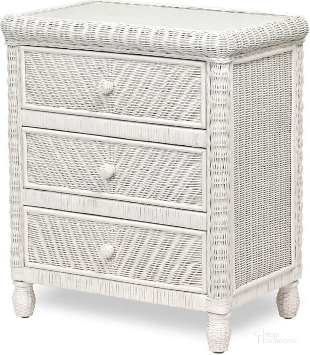 The appearance of Santa Cruz 3 Drawer Chest With Glass Top In White designed by Sea Winds Trading in the transitional interior design. This white piece of furniture  was selected by 1StopBedrooms from Santa Cruz Collection to add a touch of cosiness and style into your home. Sku: B57933-WHITE. Product Type: Chest. Material: Wicker. Image1