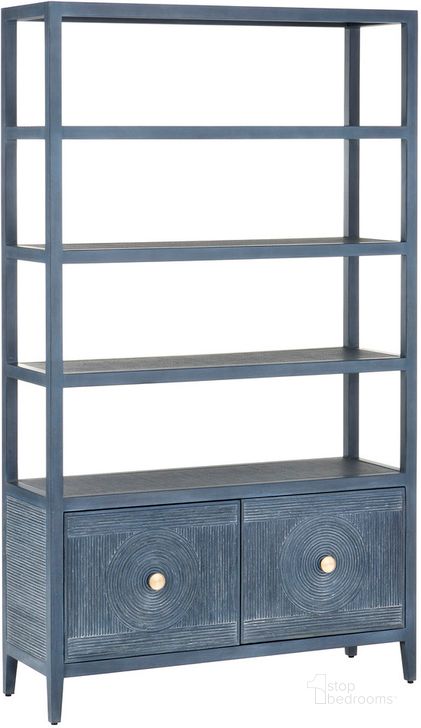 The appearance of Santos Storage Etagere In Vintage Navy designed by Currey & Company in the bohemian interior design. This sand piece of furniture  was selected by 1StopBedrooms from Santos Collection to add a touch of cosiness and style into your home. Sku: 3000-0265. Product Type: Etagere. Material: Rattan. Image1