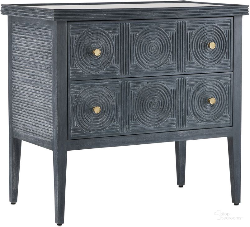 The appearance of Santos Vintage Navy Chest designed by Currey & Company in the modern / contemporary interior design. This navy piece of furniture  was selected by 1StopBedrooms from Santos Collection to add a touch of cosiness and style into your home. Sku: 3000-0217. Material: Glass. Product Type: Chest. Image1