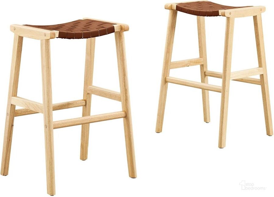 The appearance of Saoirse Faux Leather Wood Bar Stool Set of 2 In Natural Brown designed by Modway in the  interior design. This natural brown piece of furniture  was selected by 1StopBedrooms from Saoirse Collection to add a touch of cosiness and style into your home. Sku: EEI-6549-NAT-BRN. Product Type: Barstool. Material: Rubberwood. Image1