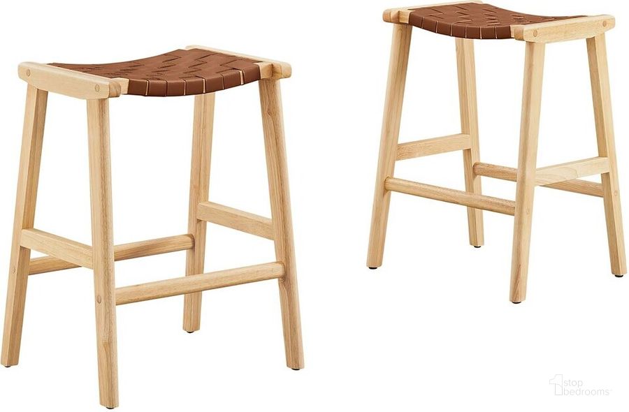 The appearance of Saoirse Faux Leather Wood Counter Stool Set of 2 In Natural Brown designed by Modway in the  interior design. This natural brown piece of furniture  was selected by 1StopBedrooms from Saoirse Collection to add a touch of cosiness and style into your home. Sku: EEI-6547-NAT-BRN. Product Type: Barstool. Material: Rubberwood. Image1