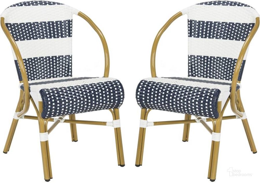 The appearance of Sarita Navy and White Striped French Bistro Stacking Side Chair designed by Safavieh in the modern / contemporary interior design. This white navy piece of furniture  was selected by 1StopBedrooms from Safavieh PAT Collection to add a touch of cosiness and style into your home. Sku: PAT4009A-SET2. Product Type: Side Chair. Material: Aluminium. Image1