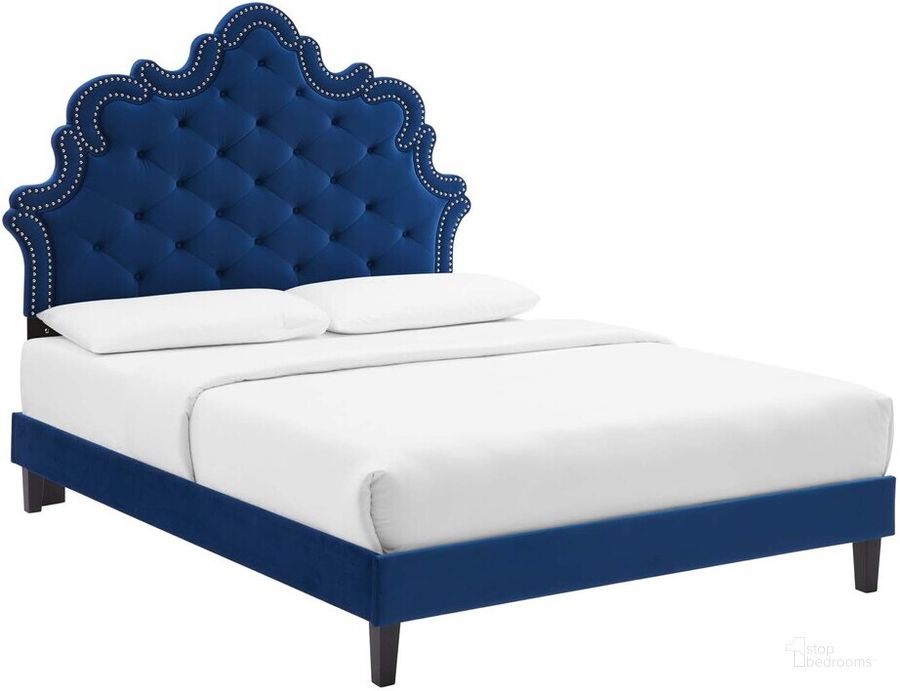 The appearance of Sasha Button-Tufted Performance Velvet King Bed In Navy designed by Modway in the  interior design. This navy piece of furniture  was selected by 1StopBedrooms from Sasha Collection to add a touch of cosiness and style into your home. Sku: MOD-6842-NAV. Bed Type: Platform Bed. Product Type: Platform Bed. Bed Size: King. Material: MDF. Image1