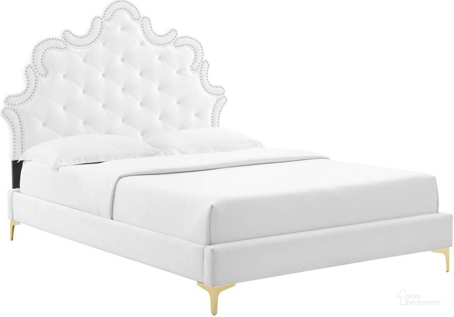 The appearance of Sasha Button-Tufted Performance Velvet King Bed In White designed by Modway in the  interior design. This white piece of furniture  was selected by 1StopBedrooms from Sasha Collection to add a touch of cosiness and style into your home. Sku: MOD-6832-WHI. Bed Type: Platform Bed. Product Type: Platform Bed. Bed Size: King. Material: MDF. Image1