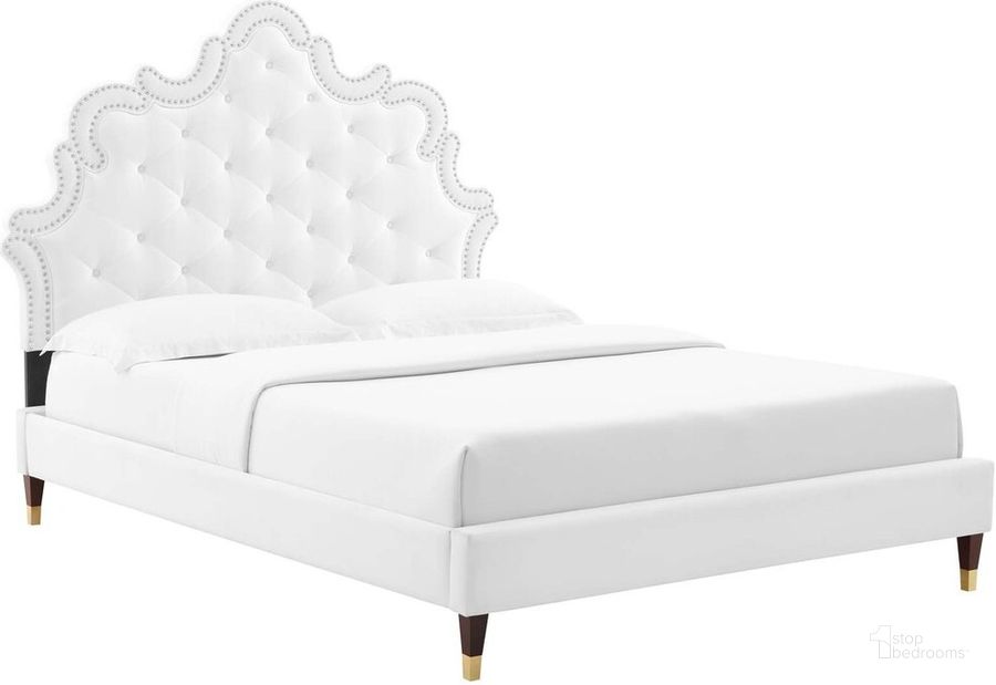 The appearance of Sasha Button-Tufted Performance Velvet King Bed In White designed by Modway in the  interior design. This white piece of furniture  was selected by 1StopBedrooms from Sasha Collection to add a touch of cosiness and style into your home. Sku: MOD-6837-WHI. Bed Type: Platform Bed. Product Type: Platform Bed. Bed Size: King. Material: MDF. Image1