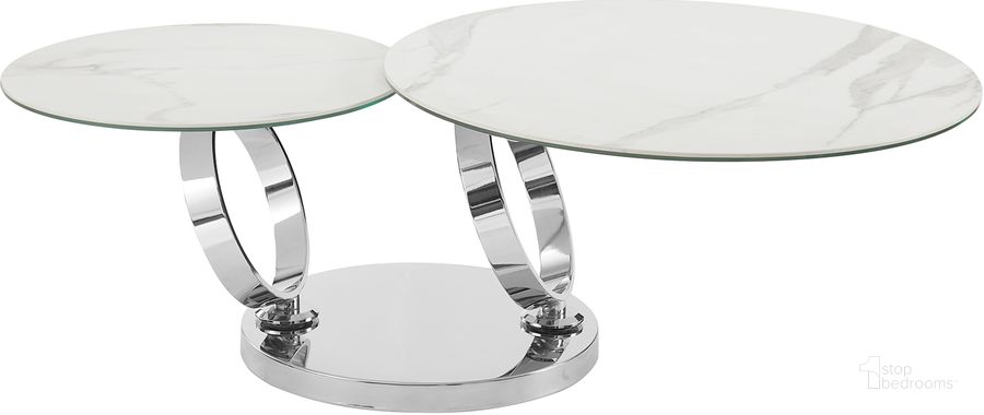 The appearance of Satellite Coffee Table In White Porcelain, Clear Glass And High Polished Stainless Steel designed by Casabianca Home in the modern / contemporary interior design. This white piece of furniture  was selected by 1StopBedrooms from Satellite Collection to add a touch of cosiness and style into your home. Sku: CB-129WM. Product Type: Coffee Table. Material: Stainless Steel. Image1