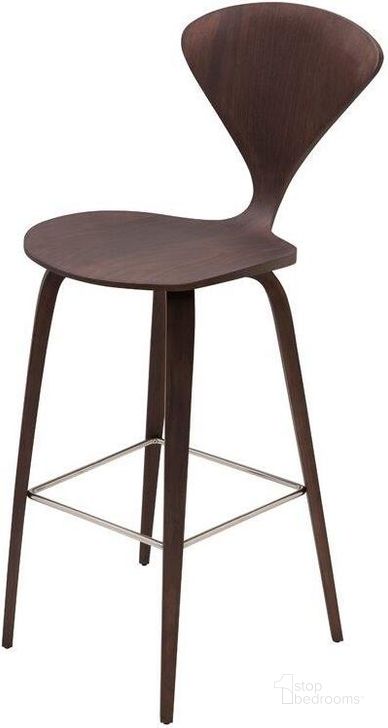 The appearance of Satine Dark Walnut Wood Bar Stool designed by Nuevo in the modern / contemporary interior design. This dark walnut piece of furniture  was selected by 1StopBedrooms from Satine Collection to add a touch of cosiness and style into your home. Sku: HGEM353. Material: Wood. Product Type: Barstool. Image1