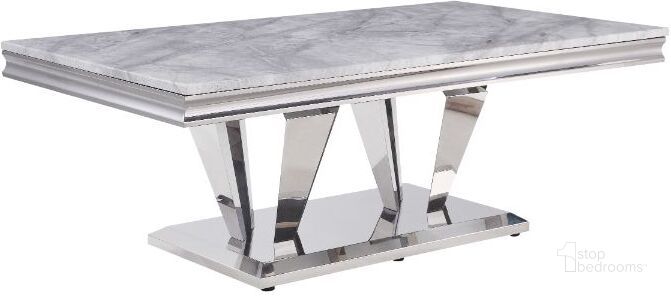 The appearance of Satinka Coffee Table In Light Gray Printed Faux Marble Top And Mirrored Silver designed by ACME in the modern / contemporary interior design. This light gray piece of furniture  was selected by 1StopBedrooms from Satinka Collection to add a touch of cosiness and style into your home. Sku: 87215T;87216FRM;87217ST;87218BASE. Product Type: Coffee Table. Material: Stainless Steel. Image1
