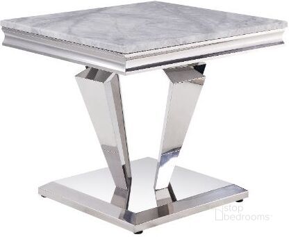 The appearance of Satinka End Table In Light Gray Printed Faux Marble Top And Mirrored Silver designed by ACME in the modern / contemporary interior design. This light gray piece of furniture  was selected by 1StopBedrooms from Satinka Collection to add a touch of cosiness and style into your home. Sku: 87219T;87220FRM;87221ST;87222BASE. Product Type: End Table. Material: Stainless Steel. Image1
