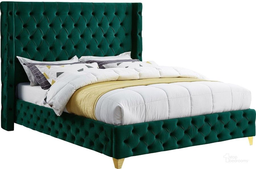 The appearance of Savan Green Velvet Queen Bed designed by Meridian in the modern / contemporary interior design. This green velvet piece of furniture  was selected by 1StopBedrooms from Savan Collection to add a touch of cosiness and style into your home. Sku: SavanGreen-Q-1;SavanGreen-Q-2. Bed Type: Platform Bed. Product Type: Platform Bed. Bed Size: Queen. Material: Velvet. Image1