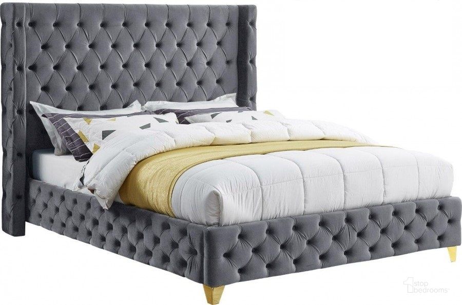 The appearance of Savan Grey Velvet Queen Bed designed by Meridian in the modern / contemporary interior design. This grey velvet piece of furniture  was selected by 1StopBedrooms from Savan Collection to add a touch of cosiness and style into your home. Sku: SavanGrey-Q-1;SavanGrey-Q-2. Bed Type: Platform Bed. Product Type: Platform Bed. Bed Size: Queen. Material: Velvet. Image1