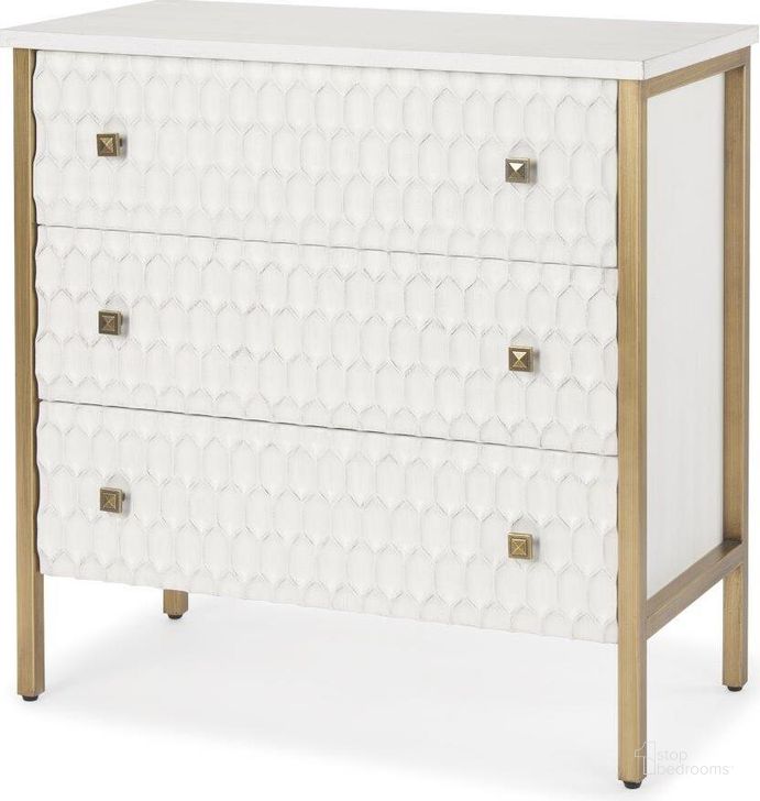 The appearance of Savannah White Fir Veneer With Gold Metal 3-Drawer Accent Cabinet designed by Mercana in the modern / contemporary interior design. This white and gold piece of furniture  was selected by 1StopBedrooms from Savannah Collection to add a touch of cosiness and style into your home. Sku: 69758. Material: Metal. Product Type: Accent Cabinet. Image1