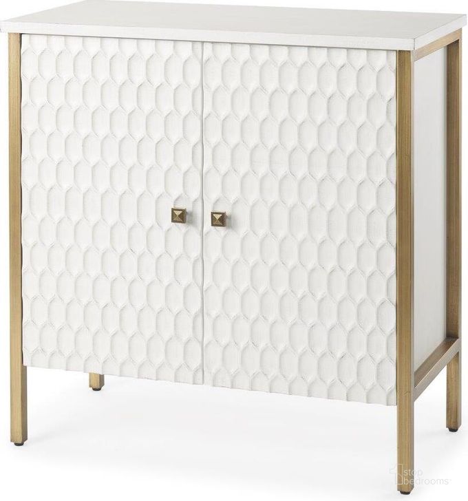 The appearance of Savannah White Fir Veneer With Gold Metal Accent 2-Door Accent Cabinet designed by Mercana in the modern / contemporary interior design. This white and gold piece of furniture  was selected by 1StopBedrooms from Savannah Collection to add a touch of cosiness and style into your home. Sku: 69760. Material: Metal. Product Type: Accent Cabinet. Image1