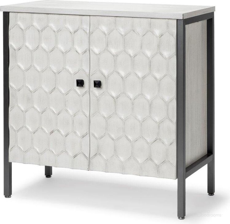 The appearance of Savannah White Fir Veneer With Gray Metal 2-Door Accent Cabinet designed by Mercana in the modern / contemporary interior design. This white and gray piece of furniture  was selected by 1StopBedrooms from Savannah Collection to add a touch of cosiness and style into your home. Sku: 68267. Material: Metal. Product Type: Accent Cabinet. Image1