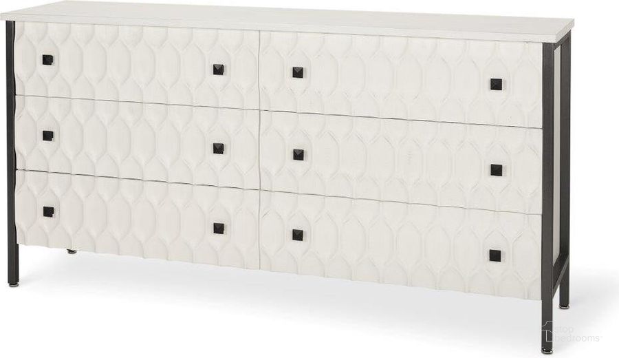 The appearance of Savannah White Fir Veneer With Gray Metal 6-Drawer Sideboard designed by Mercana in the modern / contemporary interior design. This white and grey piece of furniture  was selected by 1StopBedrooms from Savannah Collection to add a touch of cosiness and style into your home. Sku: 69974. Material: Metal. Product Type: Sideboard. Image1