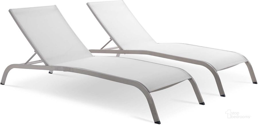 The appearance of Savannah White Outdoor Patio Mesh Chaise Lounge Set of 2 designed by Modway in the modern / contemporary interior design. This white piece of furniture  was selected by 1StopBedrooms from Savannah Collection to add a touch of cosiness and style into your home. Sku: EEI-4005-WHI. Material: Aluminum. Product Type: Outdoor Chaise Lounge. Image1