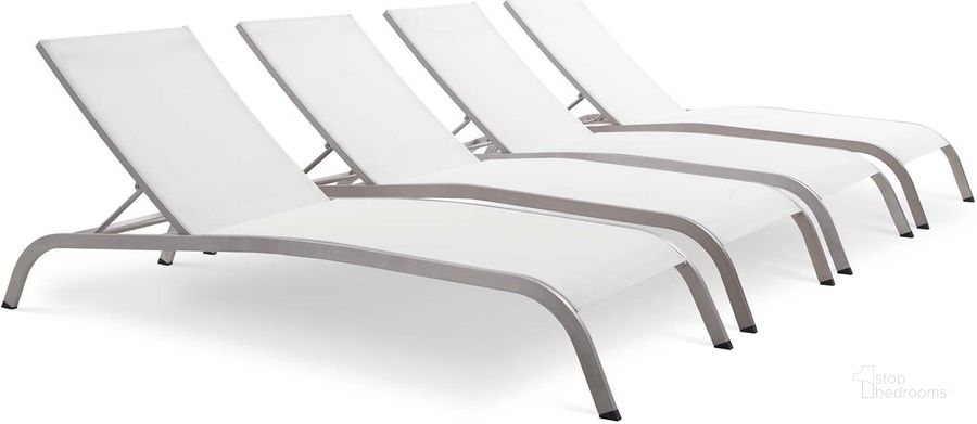 The appearance of Savannah White Outdoor Patio Mesh Chaise Lounge Set of 4 designed by Modway in the modern / contemporary interior design. This white piece of furniture  was selected by 1StopBedrooms from Savannah Collection to add a touch of cosiness and style into your home. Sku: EEI-4007-WHI. Material: Aluminum. Product Type: Outdoor Chaise Lounge. Image1