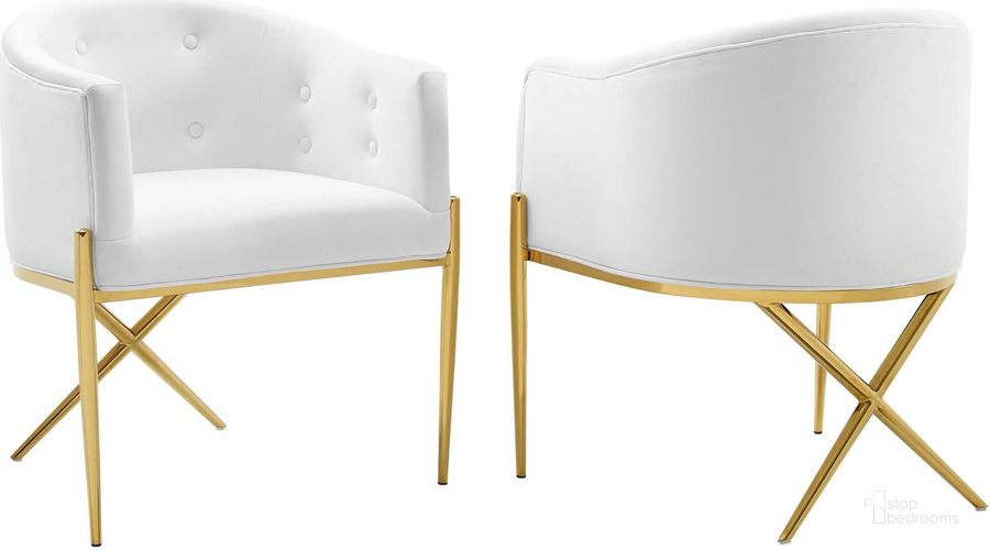 The appearance of Savour Accent Dining Armchair Performance Velvet Set of 2 EEI-5042-WHI designed by Modway in the modern / contemporary interior design. This white piece of furniture  was selected by 1StopBedrooms from Savour Collection to add a touch of cosiness and style into your home. Sku: EEI-5042-WHI. Product Type: Arm Chair. Material: Plywood. Image1