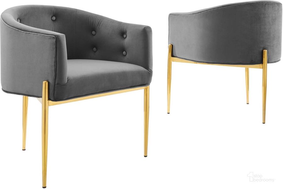 The appearance of Savour Tufted Performance Velvet Accent Chairs - Set of 2 In Gray designed by Modway in the modern / contemporary interior design. This gray piece of furniture  was selected by 1StopBedrooms from Savour Collection to add a touch of cosiness and style into your home. Sku: EEI-5415-GRY. Material: Polyester. Product Type: Accent Chair. Image1