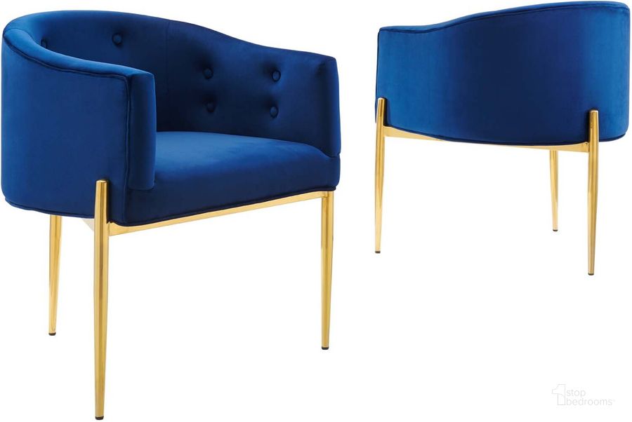 The appearance of Savour Tufted Performance Velvet Accent Chairs - Set of 2 In Navy designed by Modway in the modern / contemporary interior design. This navy piece of furniture  was selected by 1StopBedrooms from Savour Collection to add a touch of cosiness and style into your home. Sku: EEI-5415-NAV. Material: Polyester. Product Type: Accent Chair. Image1