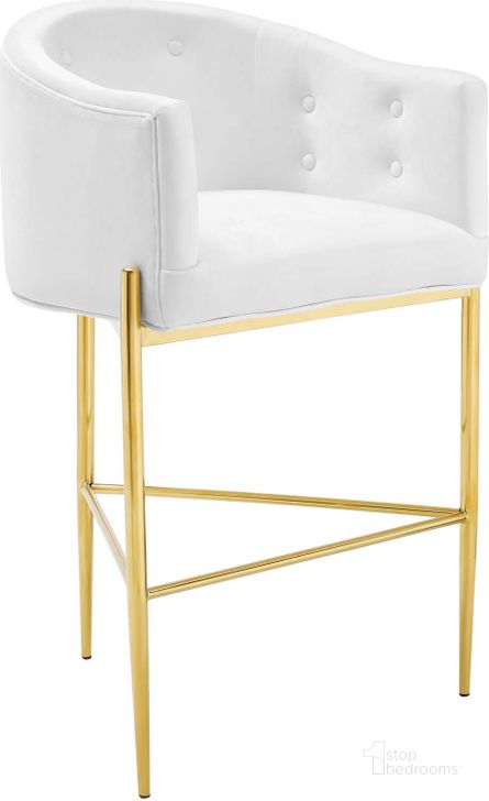 The appearance of Savour Tufted Performance Velvet Bar Stool EEI-3911-WHI designed by Modway in the modern / contemporary interior design. This white piece of furniture  was selected by 1StopBedrooms from Savour Collection to add a touch of cosiness and style into your home. Sku: EEI-3911-WHI. Product Type: Barstool. Material: Plywood. Image1