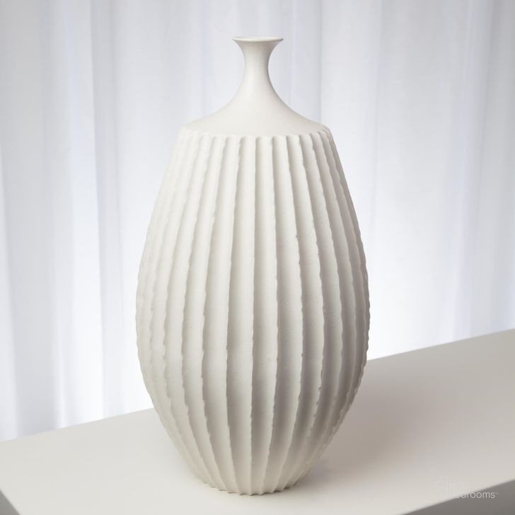 The appearance of Sawtooth Medium Vase In Rustic White designed by Global Views in the modern / contemporary interior design. This white piece of furniture  was selected by 1StopBedrooms from Sawtooth Collection to add a touch of cosiness and style into your home. Sku: 7.10301. Material: Ceramic. Product Type: Vase. Image1