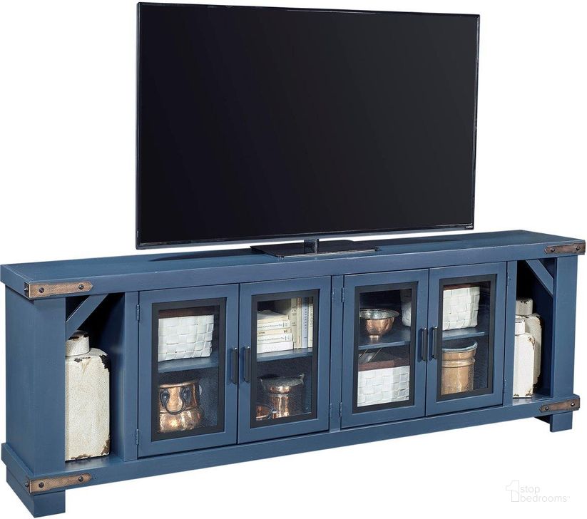 The appearance of Sawyer 98 Inch Console With 4 Doors In Blue designed by Aspenhome in the country / farmhouse interior design. This blue piece of furniture  was selected by 1StopBedrooms from Sawyer Collection to add a touch of cosiness and style into your home. Sku: MO1270-MBL. Material: Wood. Product Type: TV Console.