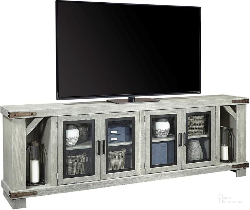 The appearance of Sawyer 98 Inch Console With 4 Doors In Grey designed by Aspenhome in the country / farmhouse interior design. This grey piece of furniture  was selected by 1StopBedrooms from Sawyer Collection to add a touch of cosiness and style into your home. Sku: WMO1270-LGH. Material: Wood. Product Type: TV Console.