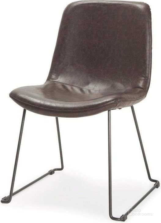 The appearance of Sawyer I Dark Brown Faux-Leather Seat Black Iron Frame Dining Chair Set of 2 designed by Mercana in the modern / contemporary interior design. This dark brown piece of furniture  was selected by 1StopBedrooms from Sawyer Collection to add a touch of cosiness and style into your home. Sku: 68312. Material: Metal. Product Type: Dining Chair. Image1