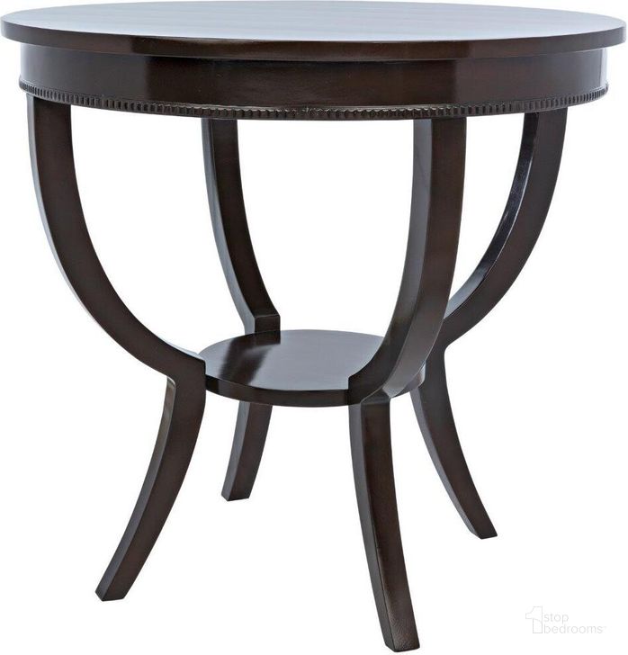 The appearance of Scheffield Round End Table In Distressed Brown designed by Noir in the transitional interior design. This distressed brown piece of furniture  was selected by 1StopBedrooms from Scheffield Collection to add a touch of cosiness and style into your home. Sku: GTAB223D. Product Type: End Table. Material: Wood Veneer. Image1