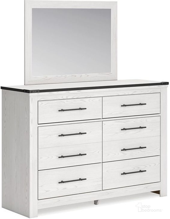 The appearance of Schoenberg Dresser and Mirror In White designed by Signature Design by Ashley in the transitional interior design. This white piece of furniture  was selected by 1StopBedrooms from Schoenberg Collection to add a touch of cosiness and style into your home. Sku: B1446-231;B1446-36. Material: Wood. Product Type: Dresser and Mirror. Image1