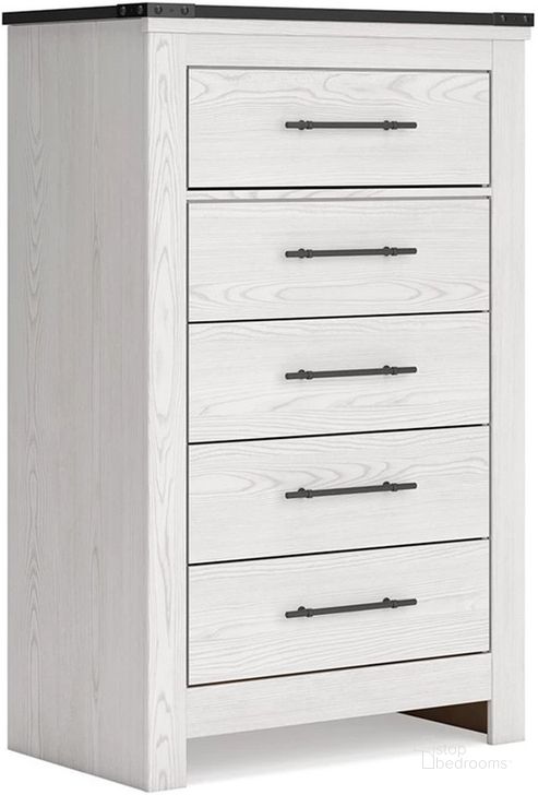 The appearance of Schoenberg White Five Drawer Chest designed by Signature Design by Ashley in the transitional interior design. This white piece of furniture  was selected by 1StopBedrooms from Schoenberg Collection to add a touch of cosiness and style into your home. Sku: B1446-245. Material: Wood. Product Type: Chest. Image1
