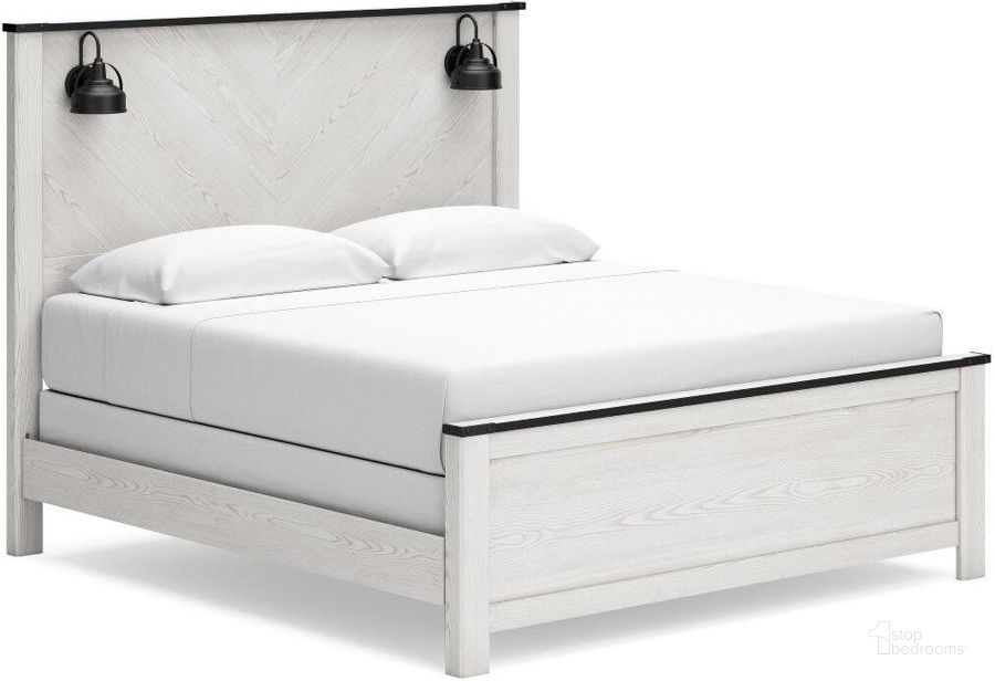The appearance of Schoenberg White King Panel Bed designed by Signature Design by Ashley in the transitional interior design. This white piece of furniture  was selected by 1StopBedrooms from Schoenberg Collection to add a touch of cosiness and style into your home. Sku: B1446-156;B1446-158;B1446-197. Bed Type: Panel Bed. Material: Wood. Product Type: Panel Bed. Bed Size: King. Image1