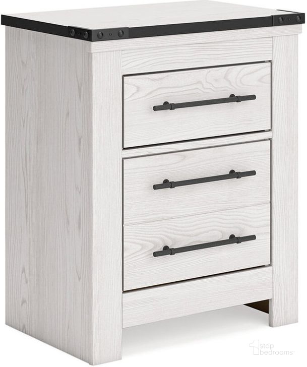 The appearance of Schoenberg White Two Drawer Nightstand designed by Signature Design by Ashley in the transitional interior design. This white piece of furniture  was selected by 1StopBedrooms from Schoenberg Collection to add a touch of cosiness and style into your home. Sku: B1446-92. Material: Wood. Product Type: Nightstand. Image1
