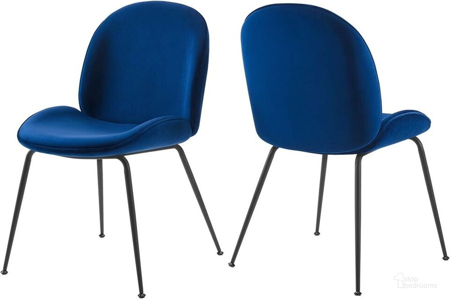 The appearance of Scoop Black Powder Coated Steel Leg Performance Velvet Dining Chairs Set of 2 In Navy designed by Modway in the modern / contemporary interior design. This navy piece of furniture  was selected by 1StopBedrooms from Scoop Collection to add a touch of cosiness and style into your home. Sku: EEI-4635-NAV. Product Type: Dining Chair. Material: Foam. Image1