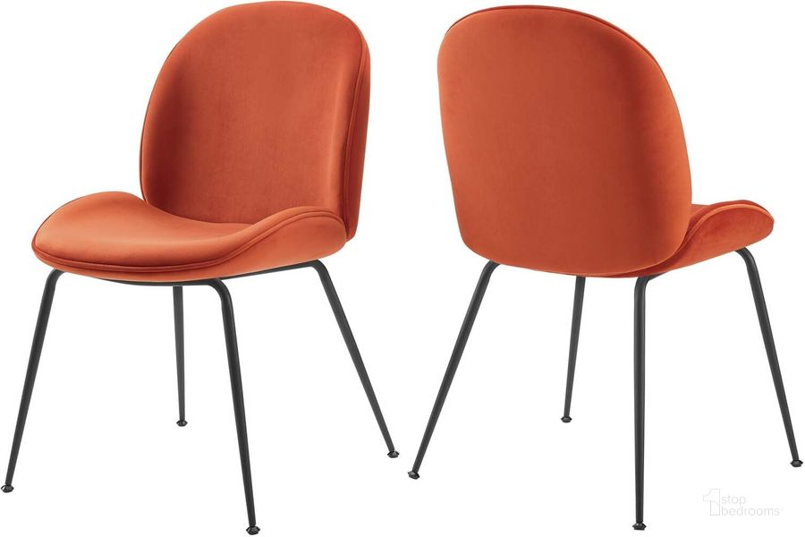 The appearance of Scoop Black Powder Coated Steel Leg Performance Velvet Dining Chairs - Set of 2 In Orange designed by Modway in the modern / contemporary interior design. This orange piece of furniture  was selected by 1StopBedrooms from Scoop Collection to add a touch of cosiness and style into your home. Sku: EEI-4635-ORA. Material: Wood. Product Type: Dining Chair. Image1