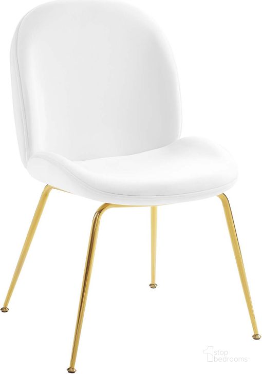 The appearance of Scoop Gold Stainless Steel Leg Performance Velvet Dining Chair EEI-3548-WHI designed by Modway in the modern / contemporary interior design. This white piece of furniture  was selected by 1StopBedrooms from Scoop Collection to add a touch of cosiness and style into your home. Sku: EEI-3548-WHI. Material: Wood. Product Type: Dining Chair. Image1