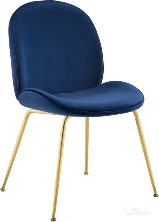 The appearance of Scoop Navy Gold Stainless Steel Leg Performance Velvet Dining Chair designed by Modway in the modern / contemporary interior design. This navy piece of furniture  was selected by 1StopBedrooms from Scoop Collection to add a touch of cosiness and style into your home. Sku: EEI-3548-NAV. Material: Wood. Product Type: Dining Chair. Image1