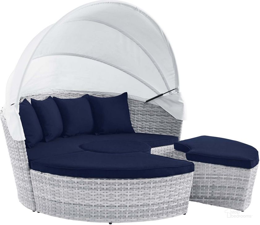 The appearance of Scottsdale Canopy Sunbrella Outdoor Patio Daybed In Light Gray Navy designed by Modway in the modern / contemporary interior design. This light gray navy piece of furniture  was selected by 1StopBedrooms from Scottsdale Collection to add a touch of cosiness and style into your home. Sku: EEI-4443-LGR-NAV. Bed Type: Daybed. Material: Aluminum. Product Type: DayBed. Image1